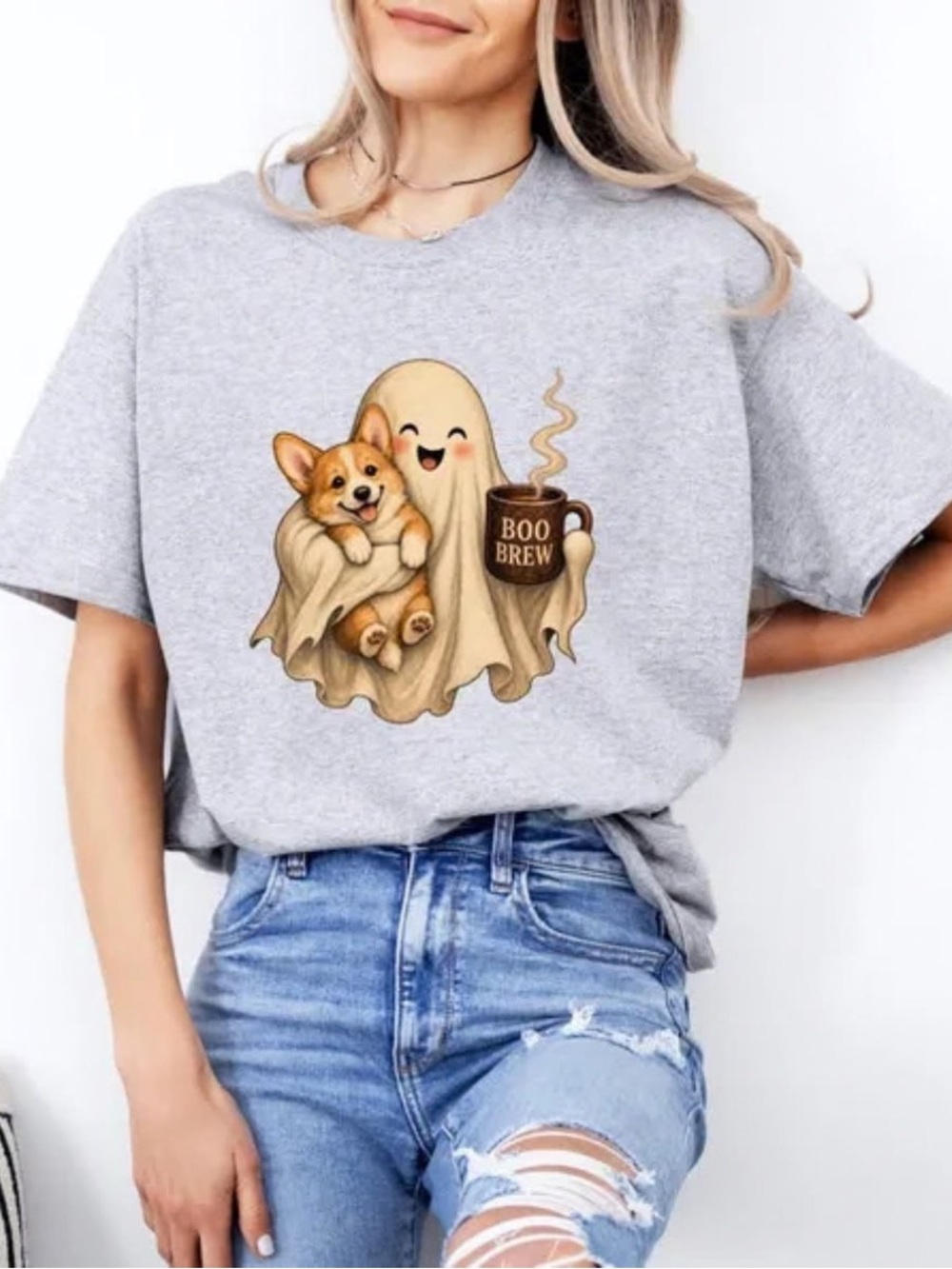 Gray 'Boo Brew' Ghost & Corgi Graphic T-Shirt - Vintage Autumn Tee